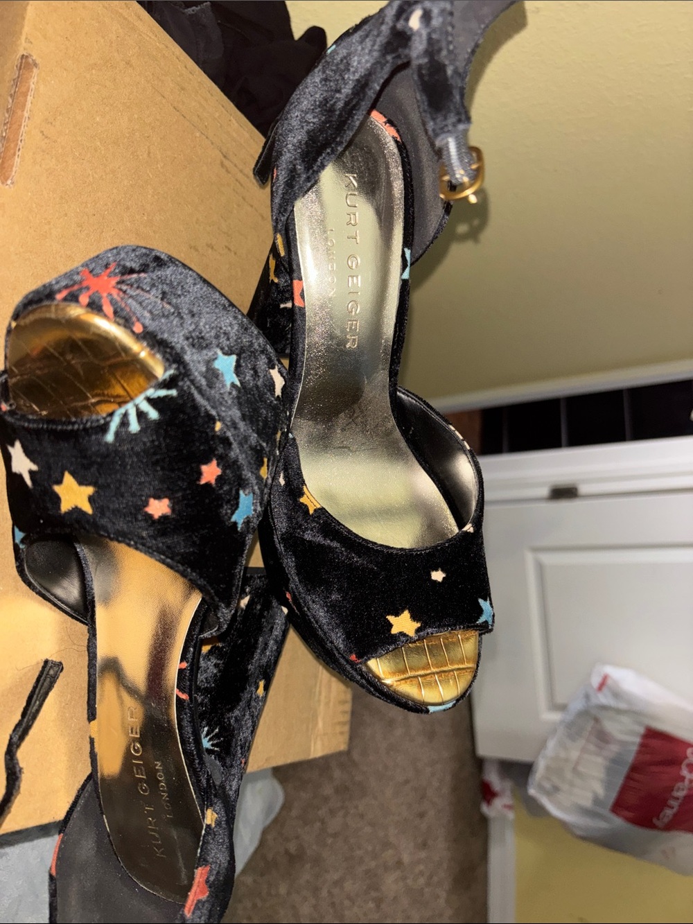Kurt Geiger Black Velvet Platform Heels with Multicolor Stars - Picture 6 of 6